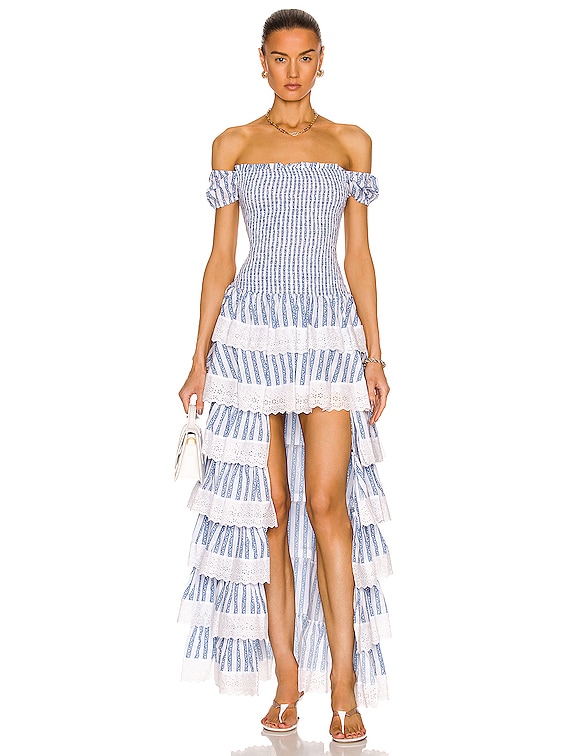 CAROLINE CONSTAS Keegan Gown in White & Blue Toile Stripe