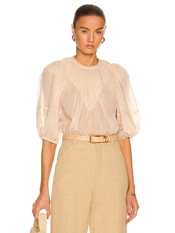 Chloe Cropped Gathered Puff Sleeve Top in Pastel Pink | FWRD