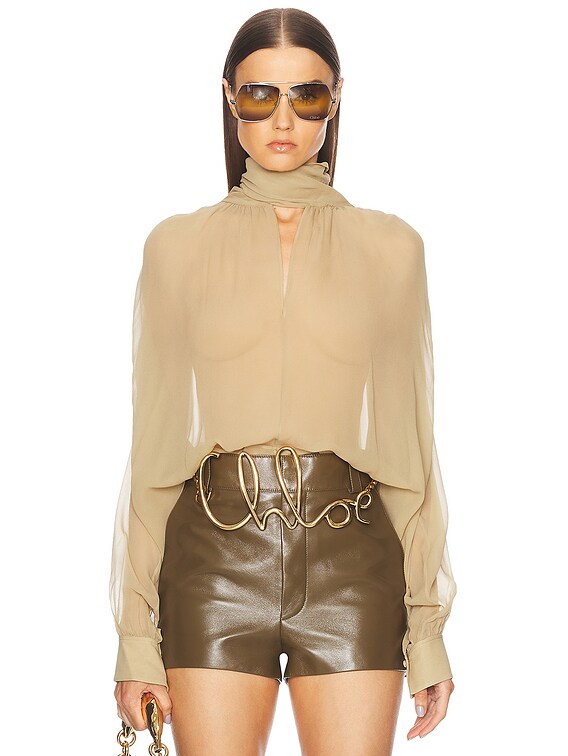 Chloe Silk Georgette Top in Foggy Khaki | FWRD