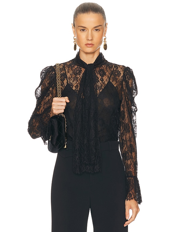 Chloe Jacquard Flower Lace Blouse in Black | FWRD
