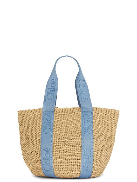Chloe Woody Raffia Tote Bag in Washed Blue | FWRD