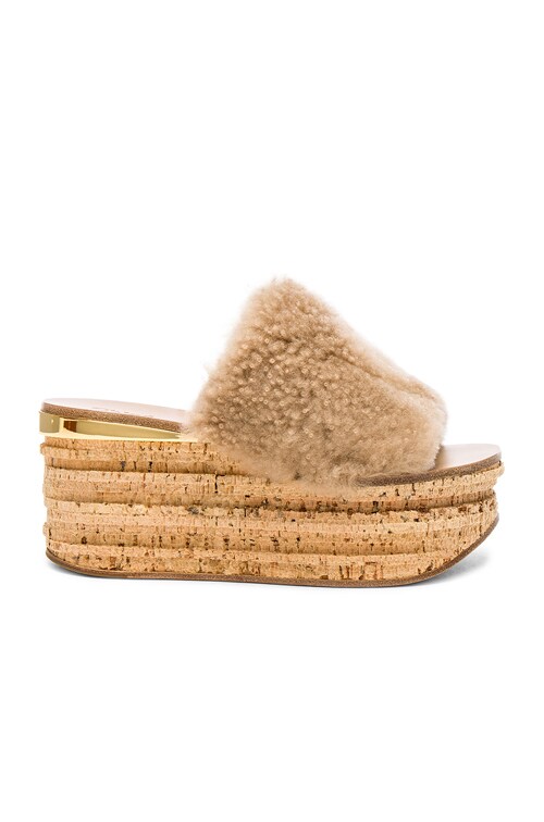 Chloe Sheep Fur Camille Wedge Sandals in Pink Sand FWRD