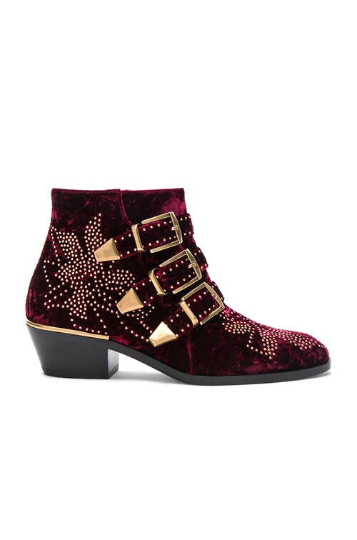 Chloe Studded Textured Velvet Susanna Booties in Red Purple FWRD