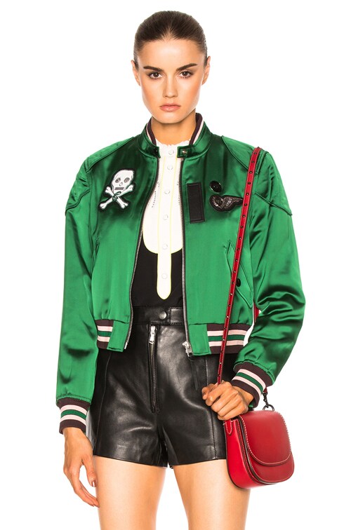 Coach Satin Cropped Varsity Jacket in Cypress | FWRD