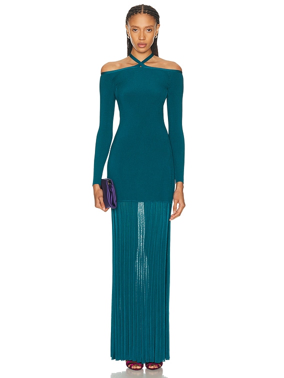 Christopher John Rogers Off-The-Shoulder Long Sleeve Knit Gown in Teal - Size XS