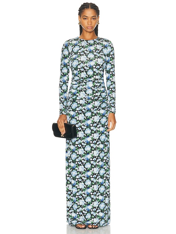 Carolina Herrera Long Sleeve Ruched Gown in Blue Mutli | FWRD