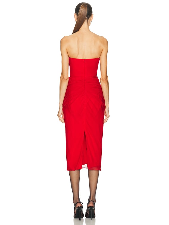 strapless red midi dress Norma Kamali x REVOLVE Strapless Dress to Knee Dress in Red