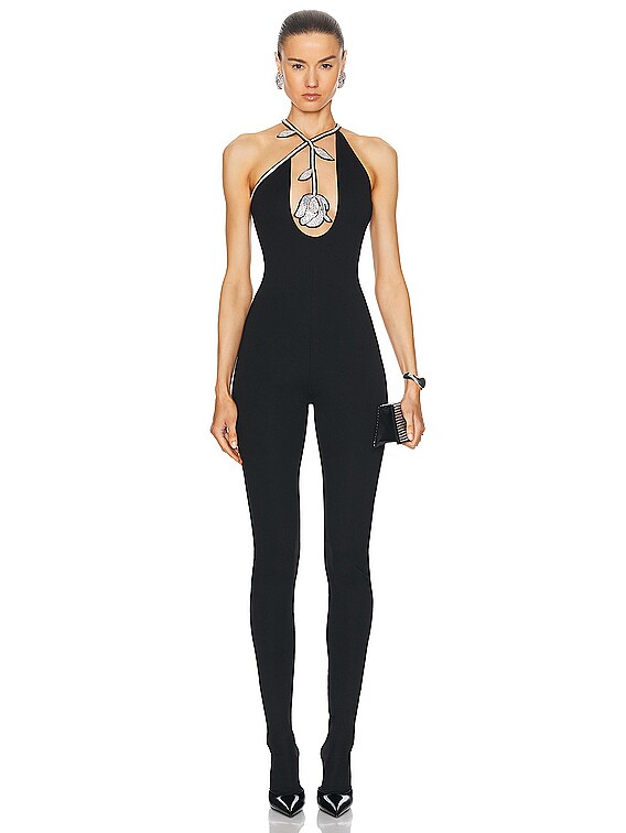 David Koma Crystal Rose Flower Jumpsuit in Black Silver FWRD