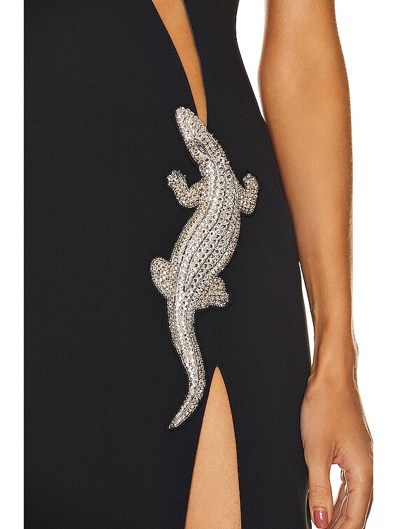 David Koma Crystal 3D Crocodile V Cut Gown in Black & Silver | FWRD