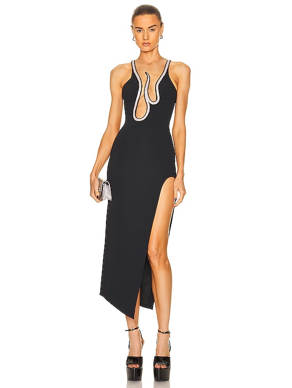 David Koma Crystal Flame Open Leg Dress in Black & Silver | FWRD
