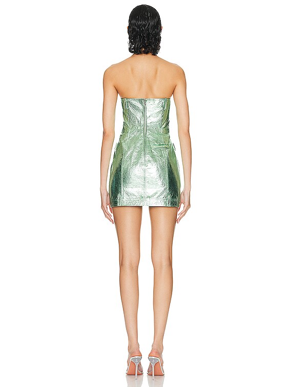 David Koma Metal Logo Buckle Strapless Leather Dress in Metallic Green |  FWRD