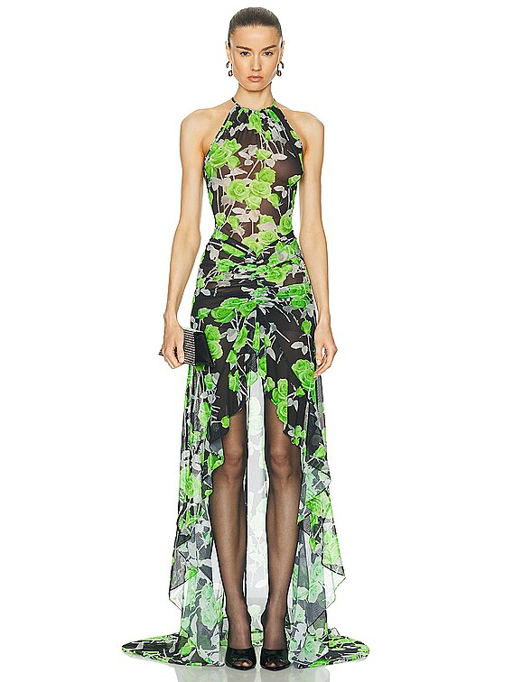 David Koma Rose Printed Mesh Gown in Green & Black | FWRD