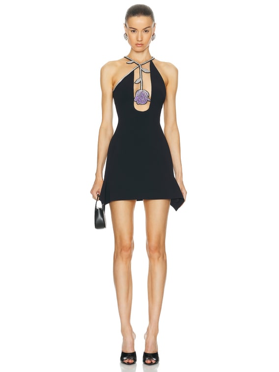 David Koma Crystal Rose Flower Mini Dress in Black, Silver, & Lilac | FWRD