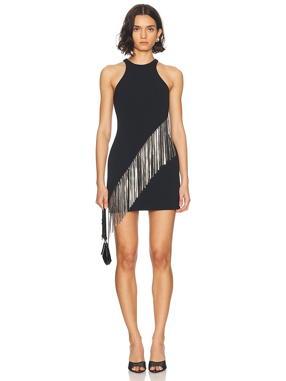 David Koma Fringe Metallic Chain Mini Dress in Black & Silver | FWRD