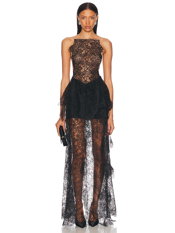 Open Side Lace Ruffle Gown