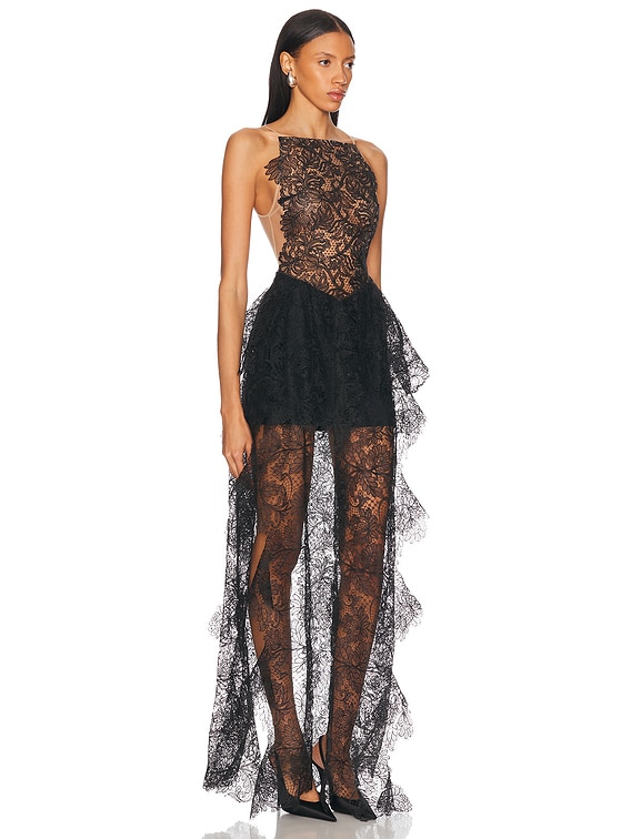 Open Side Lace Ruffle Gown