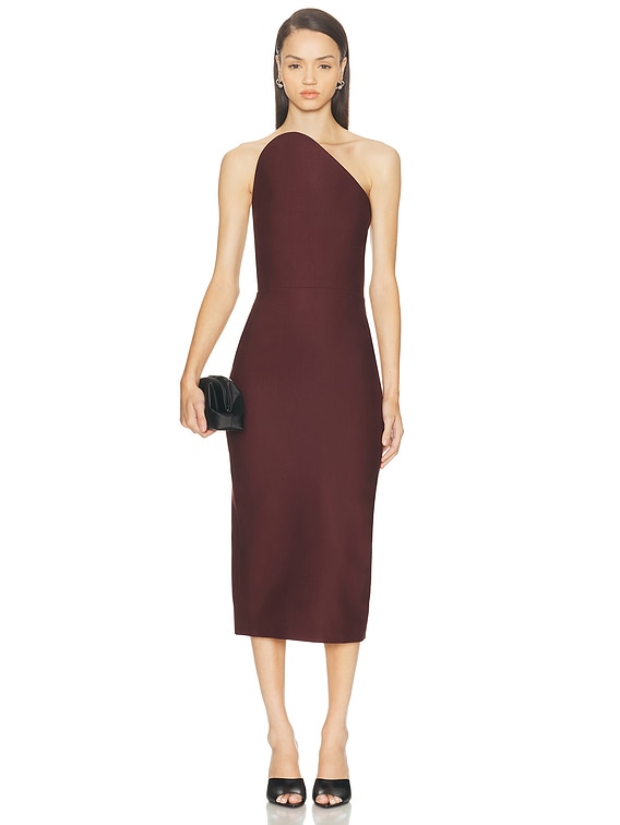 Asymmetric Cut Strapless Midi Dress