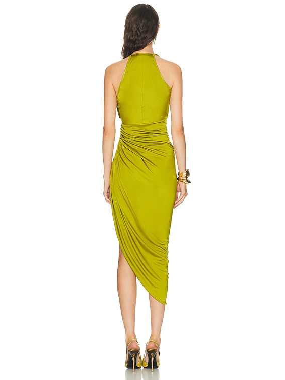 David Koma Plunge Neckline Asymmetric Hem Ruched Dress in Green | FWRD David Koma Plunge Neckline Asymmetric Hem Ruched Dress in Green | FWRD