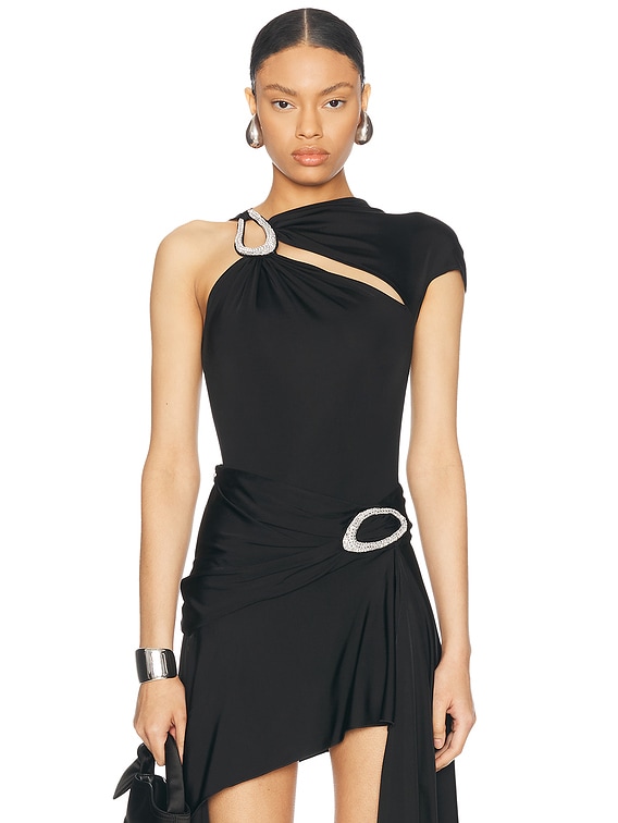 David Koma Crystal Buckle Asymmetric Cut Bodysuit in Black