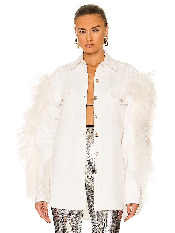 David Koma Feather Sleeve Denim Shirt in White FWRD