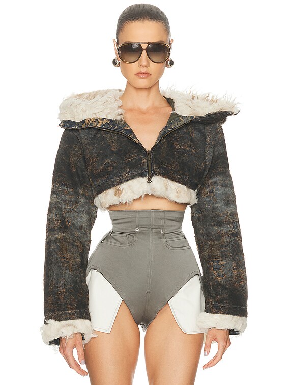 Diesel Cropped Faux Fur Zip Up Jacket in Black | FWRD