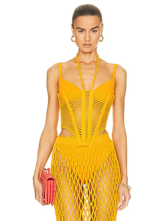 dion lee yellow corset dress Dion Lee Coral Crochet Corset in Amber