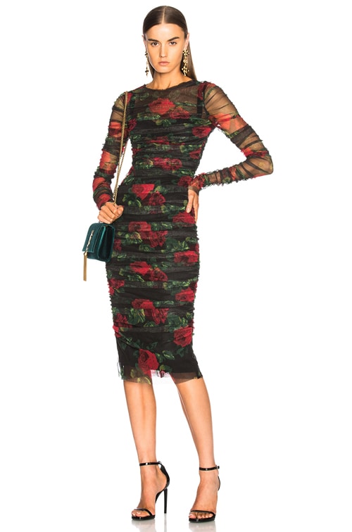 Dolce & Gabbana Rose Print Tulle Dress in Black & Red | FWRD