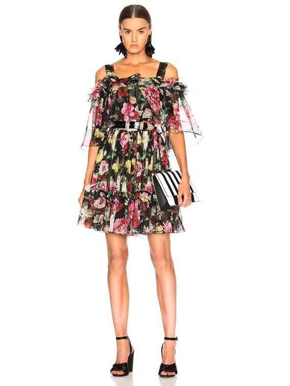 Dolce & Gabbana Silk Chiffon Floral Cold Shoulder Mini Dress in Black  Multicolor | FWRD