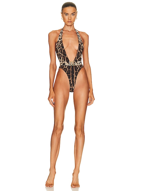 Dolce & Gabbana V-neck One Piece Swimsuit in Leopard | FWRD