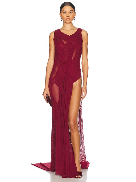 Di Petsa For Fwrd Long Dress With Side Split in Burgundy | FWRD