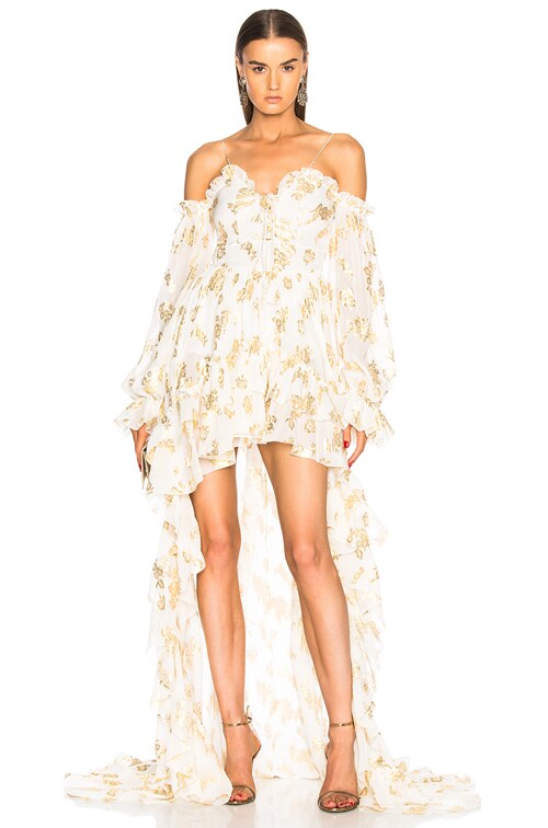 Dundas Asymmetric Ruffle Hem Dress in Ivory & Gold | FWRD