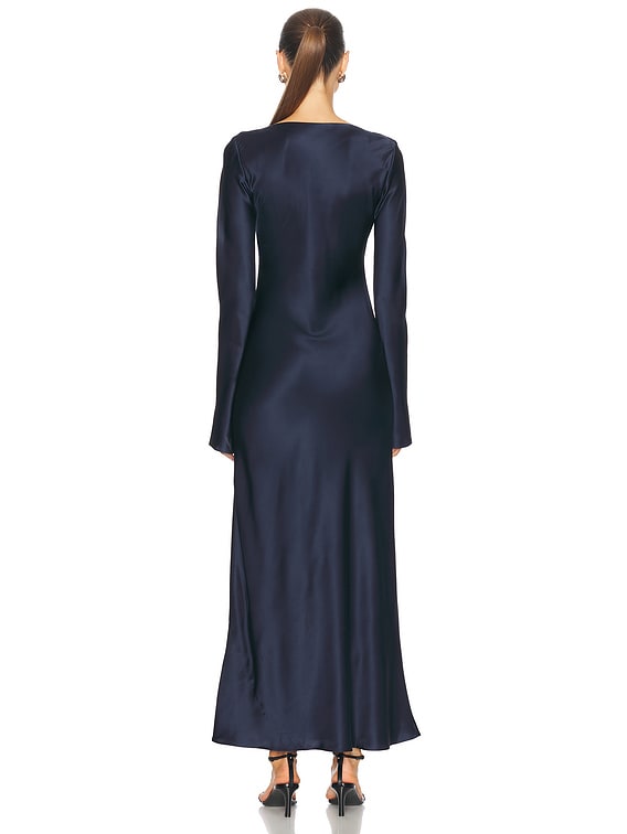 Navy Silk Dress Long Sleeve Catherine Navy-Blue Asymmetrical Pleated  Long-Sleeve Maxi Dress EAVES Gilad Silk Maxi Dress in Navy | FWRD
