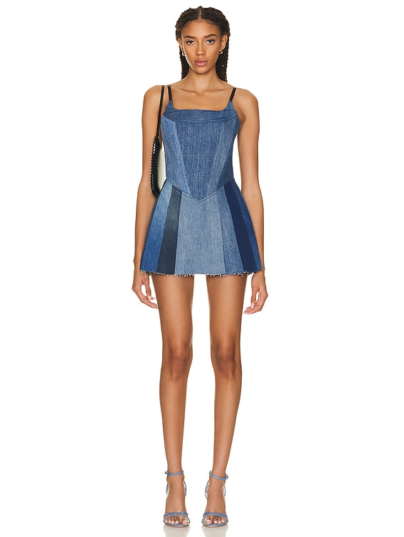 white christmas dresses Polka Dot Denim Mini Dress with Lace – Pink & Navy Boutique main image 1