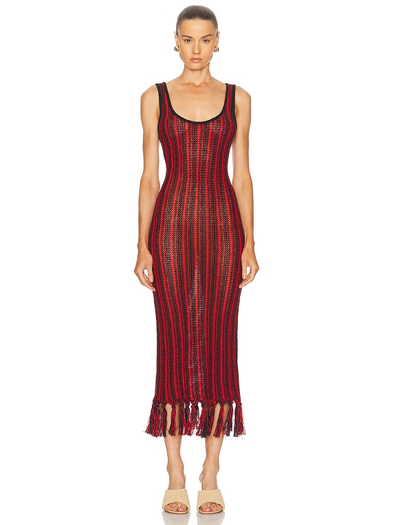 The Elder Statesman Stripe Scoopneck Fringe Dress in Red