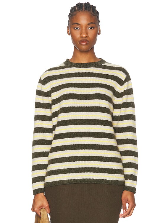 The Elder Statesman Sinful Stripe Crew Neck Sweater in Olive