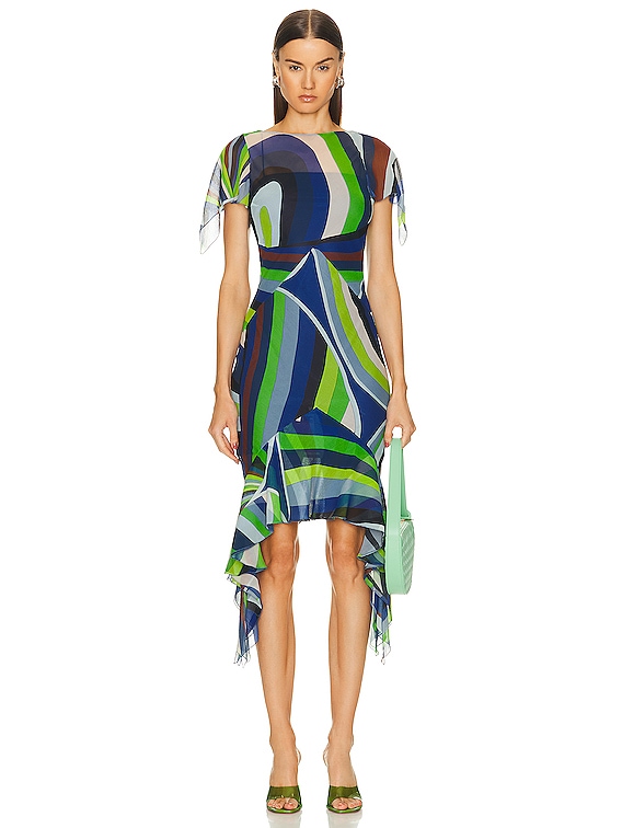 【送料&関税込】Pucci Ruffled Dress Emilio Pucci Ruffle Dress in Verde & Avio | FWRD