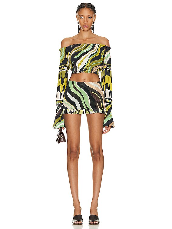 Emilio Pucci Off the Shoulder Crop Top in Nero & Khaki | FWRD