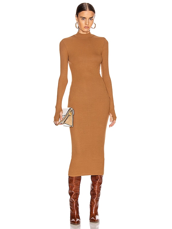 brown midi dress with sleeves