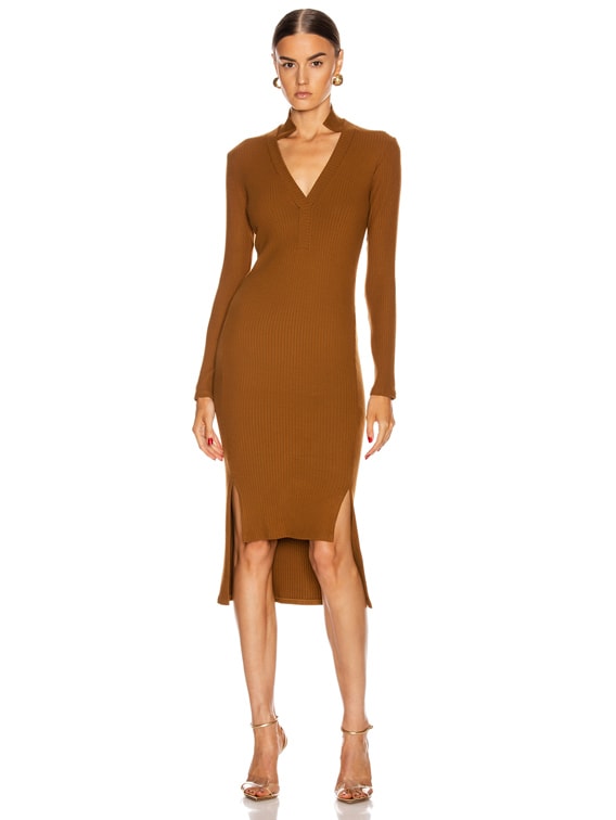 Enza Costa Rib Long Sleeve Step Hem Henley Dress in Cognac | FWRD Enza Costa Rib Long Sleeve Step Hem Henley Dress in Cognac | FWRD
