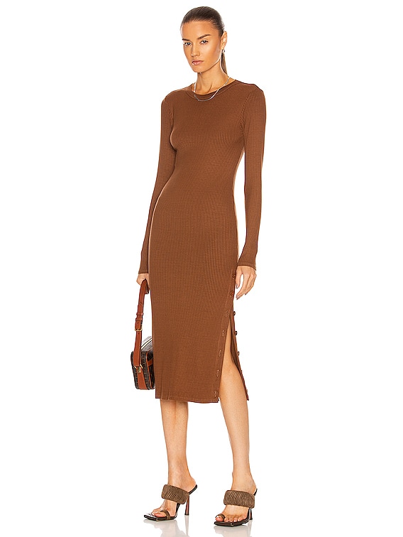 Enza Costa Viscose Rib Crew Neck Button Midi Dress in Mahogany | FWRD