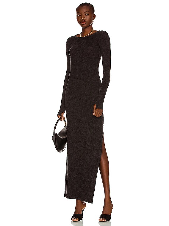 Enza Costa Cashmere Long Sleeve Crew Slit Maxi Dress in Charcoal 