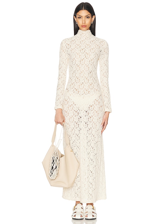 Enza Costa Puckered Lace Mockneck Dress in Off White | FWRD Enza Costa Puckered Lace Mockneck Dress in Off White | FWRD