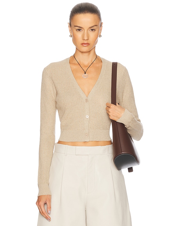 Enza Costa Linen Open Knit Cropped V-Neck Cardigan in Basalt | FWRD