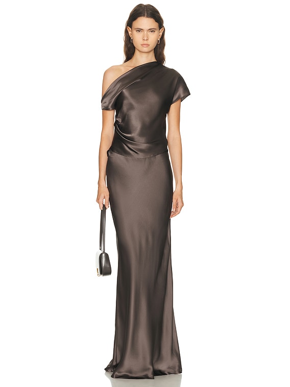 Enza Costa Silk Satin Asymmetric Drape Top in Gunmetal | FWRD