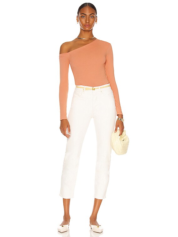 Enza Costa Angled Exposed Shoulder Long Sleeve Top in Peach Beige