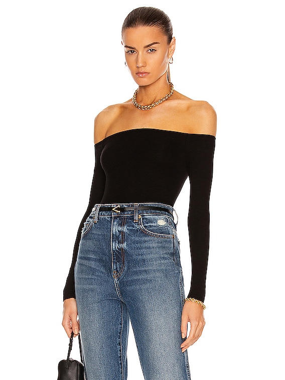Enza Costa Silk Rib Exposed Shoulder Long Sleeve Top in Black FWRD