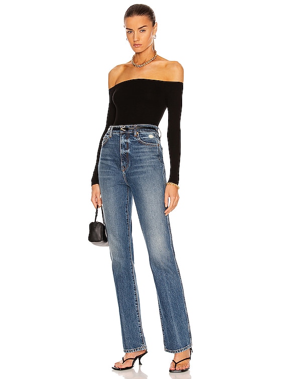 Enza Costa Silk Rib Exposed Shoulder Long Sleeve Top in