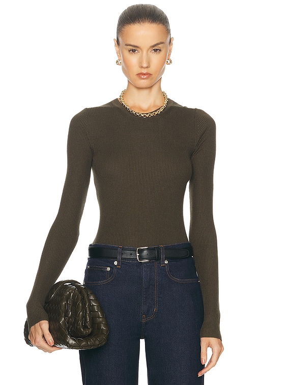 Enza Costa Silk Sweater Rib Longsleeve Crewneck Top in Army