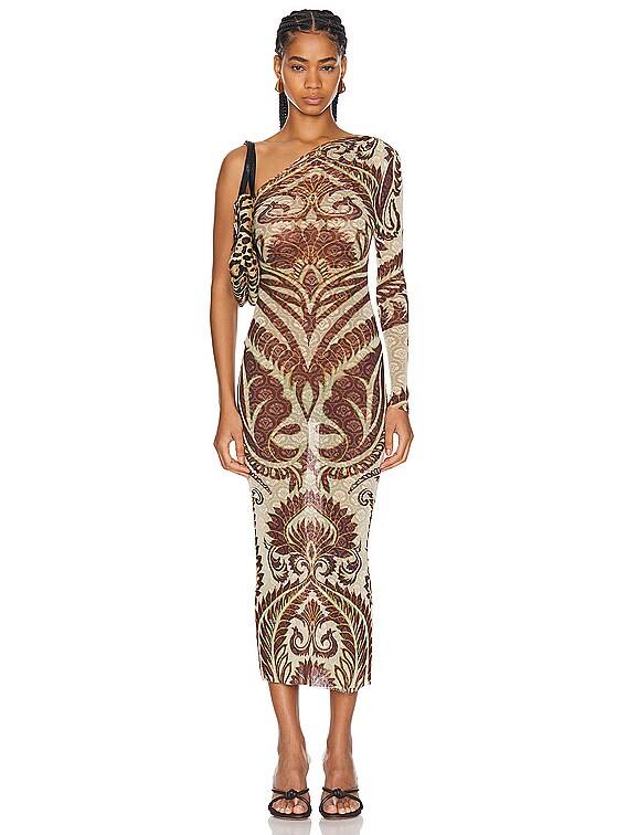 Etro One Sleeve Midi Dress in Print On Beige Base | FWRD