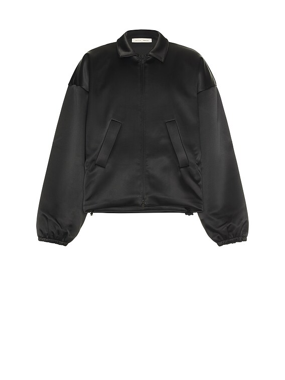 Fear of God ESSENTIALS Bonded Satin Zip-Up Bomber in Jet Black | FWRD